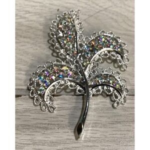 Silvertone Pin w/Faux Iridescent Diamonds Leaf Vintage